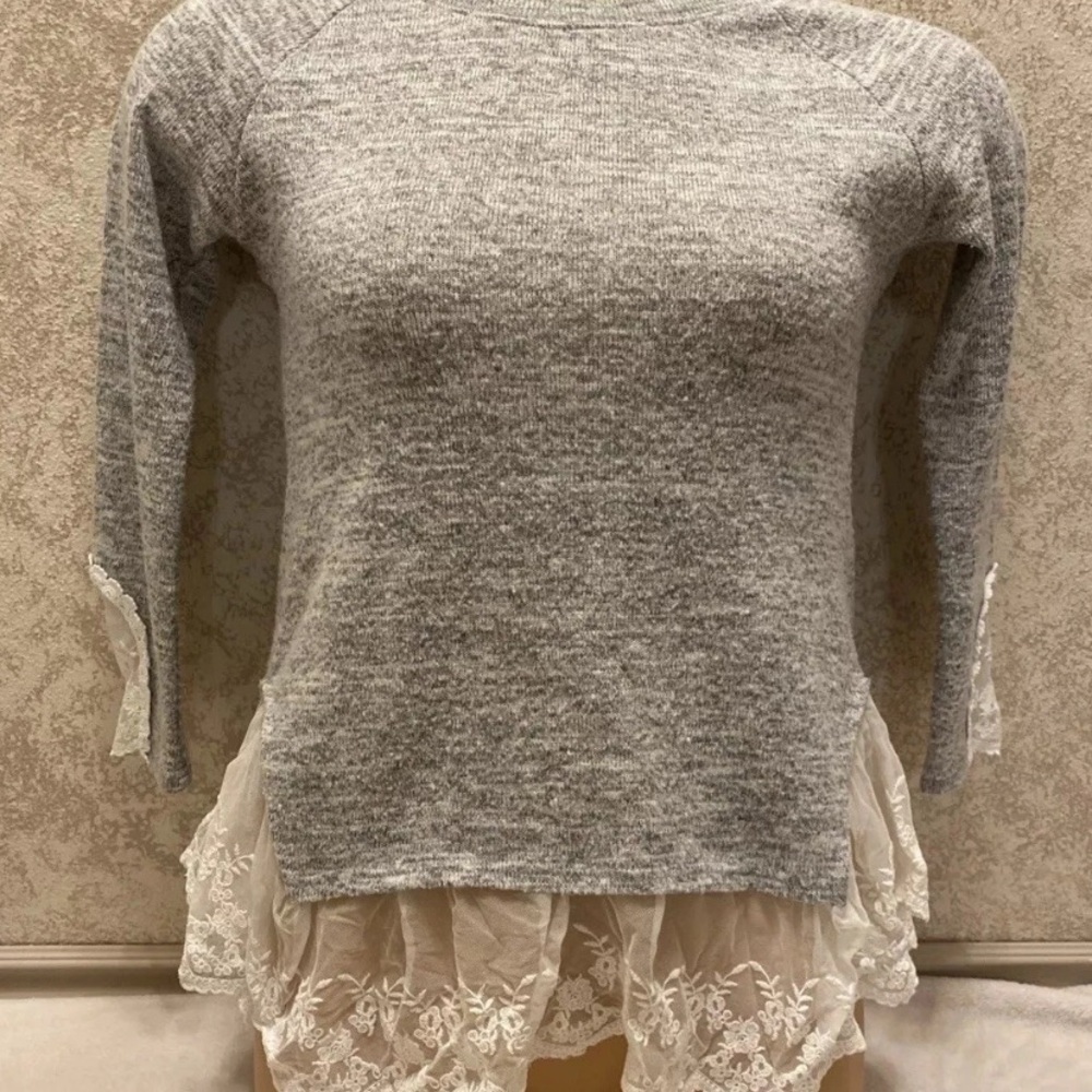 Gray Women's Sweater with Lace Trim
